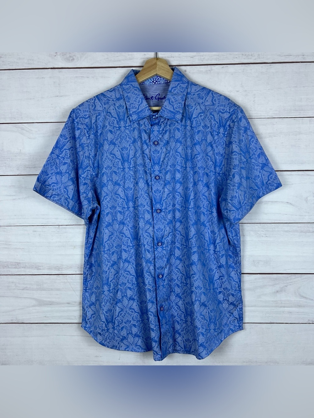 Robert Graham Mens Highland Short Sleeve Button Down Shirt XL Blue Classic Fit